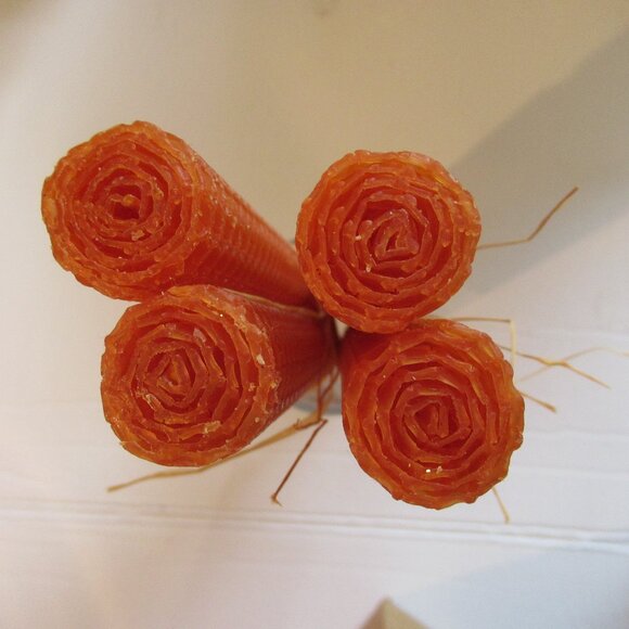 1 pair, Bees Wax candles, Orange, Honeycomb pattern, Hand Rolled, 8" - Picture 2 of 4